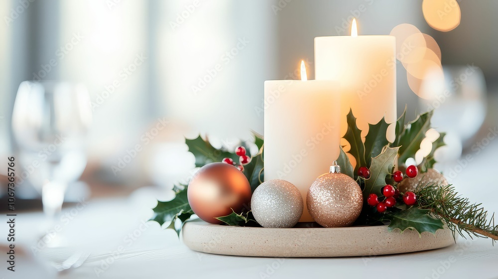 A close-up of a table centerpiece with candles, ornaments, and holly, bringing warmth and cheer to a holiday gathering A close-up of a table centerpiece with candles, ornaments, and holly, bringing warmth and cheer to a holiday gathering