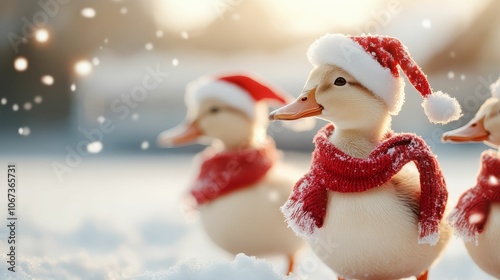 A group of ducks waddling through the snow, each wearing a festive red scarf and tiny Santa hats photo