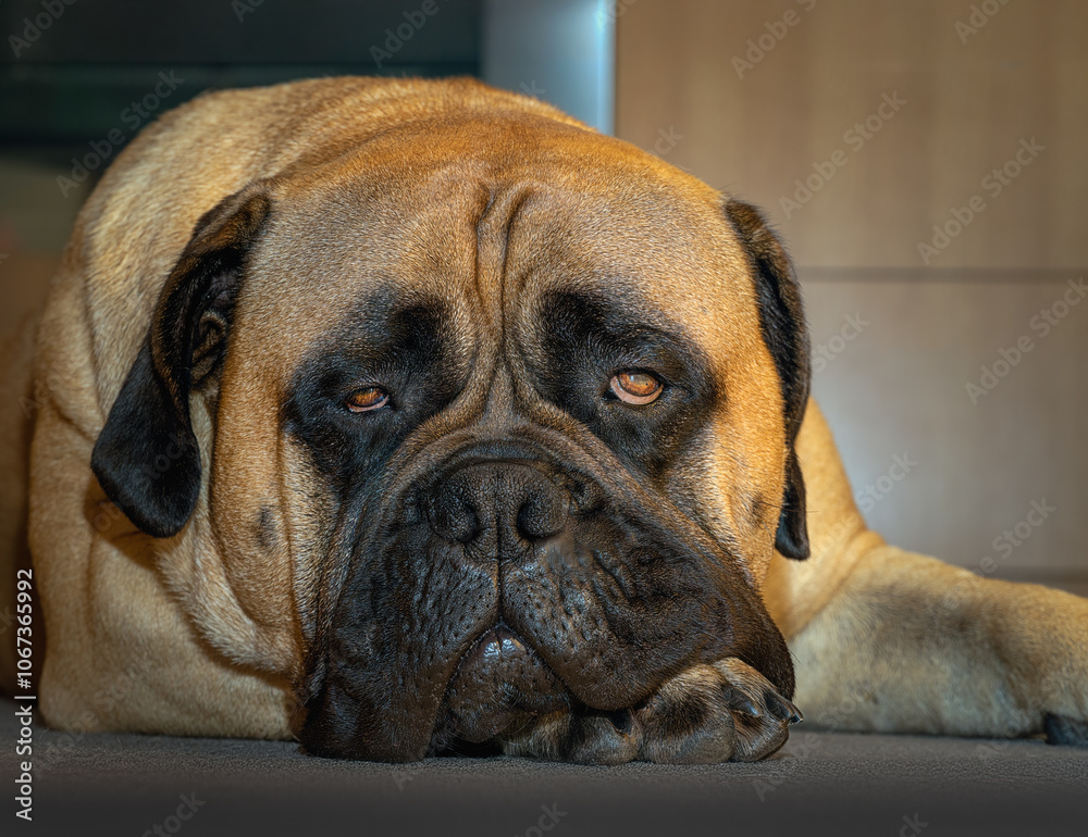 2023-12-31 CLOSE UP PHOTO OF A LARGE BULLMASTIFF LYING ON CARPET WITH TIRED EYES AND A BORED LOOK WITH A DARK MUZZEL ON MERCER ISLAND WASHINGTON 2023-12-31 CLOSE UP PHOTO OF A LARGE BULLMASTIFF LYING ON CARPET WITH TIRED EYES AND A BORED LOOK WITH A DARK MUZZEL ON MERCER ISLAND WASHINGTON