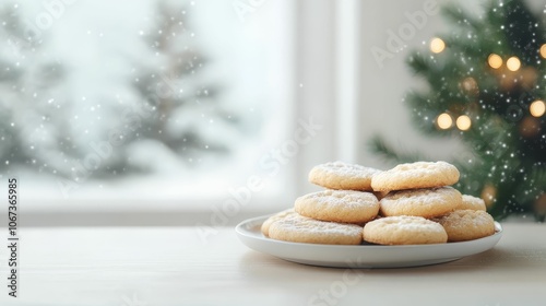 A cozy kitchen scene with a plate of freshly baked Christmas cookies on a counter, while snow gently falls outside the window