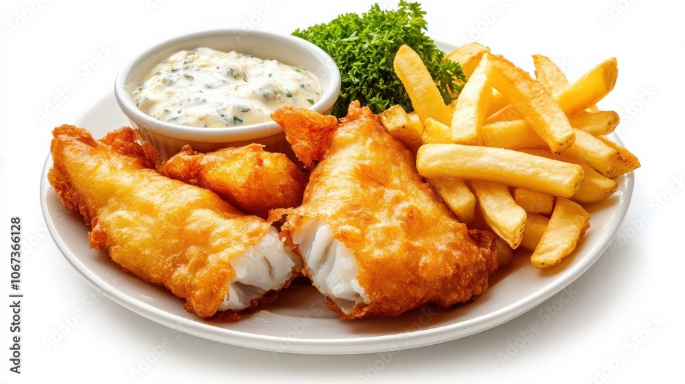 A traditional English fish and chips with golden fried fish, crispy fries, and a side of tartar sauce	