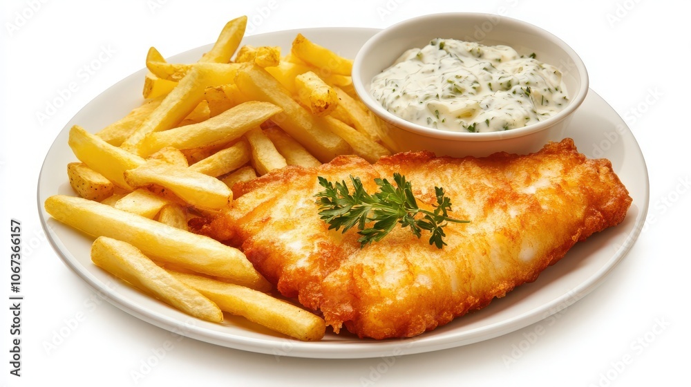 A traditional English fish and chips with golden fried fish, crispy fries, and a side of tartar sauce A traditional English fish and chips with golden fried fish, crispy fries, and a side of tartar sauce