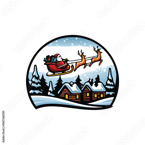 Santa Claus in a traditional red suit, riding a sleigh pulled by reindeer, delivers gifts to a house covered in snow.