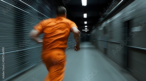 Escape in the Rain Inmate Sprinting Through Dark Alley - Dramatic Motion Blur and Intense Lighting Capture the Tension of a Prison Break in an Orange Jumpsuit photo