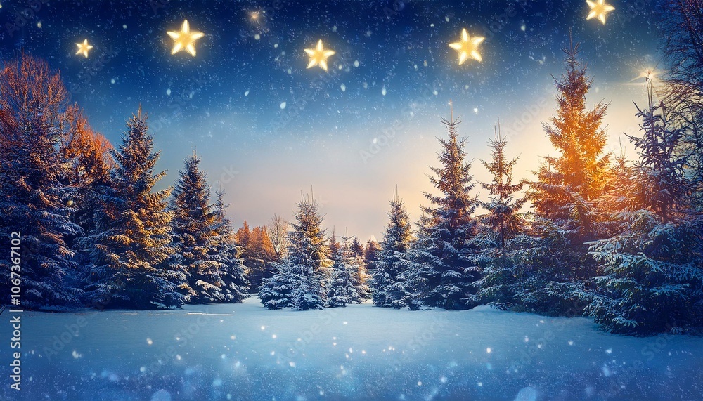 Christmas trees forest in on a snowy night with christmas decorations garlands and stars at twilight, Generative AI illustration Christmas trees forest in on a snowy night with christmas decorations garlands and stars at twilight, Generative AI illustration