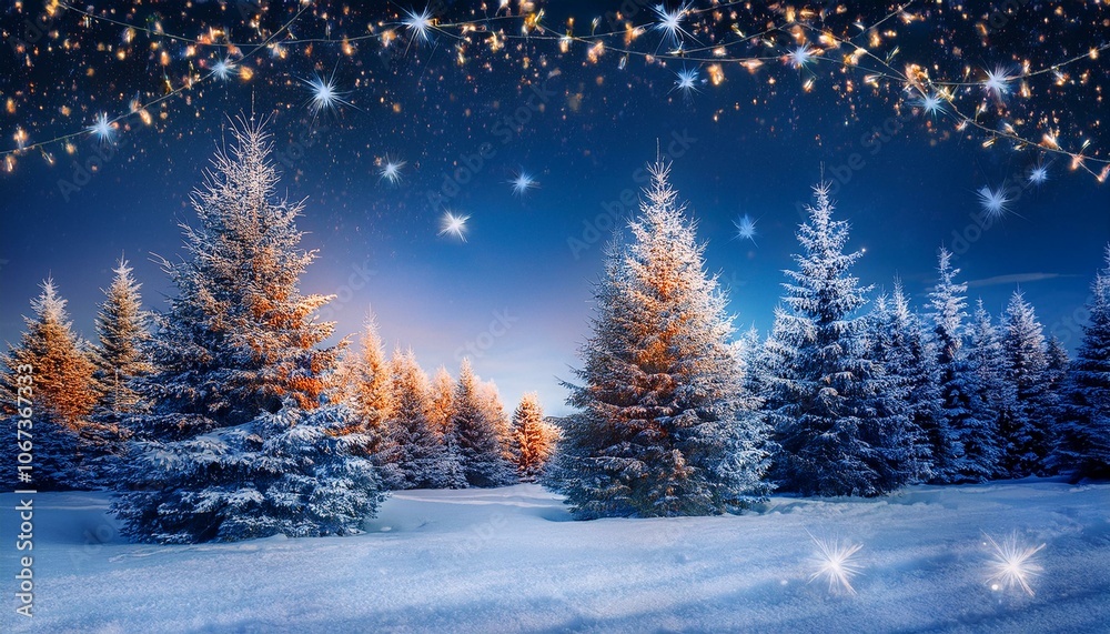 Christmas trees forest in on a snowy night with christmas decorations garlands and stars at twilight, Generative AI illustration Christmas trees forest in on a snowy night with christmas decorations garlands and stars at twilight, Generative AI illustration