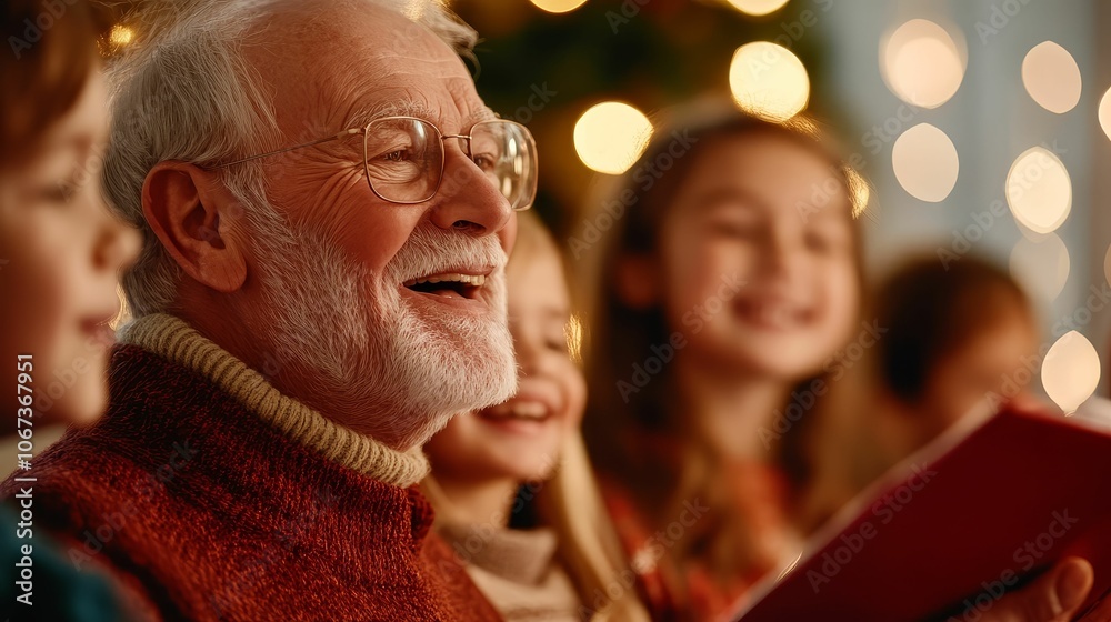 A group of family members gathered in the living room, with grandparents leading Christmas carols, while children join in, surrounded by festive decor A group of family members gathered in the living room, with grandparents leading Christmas carols, while children join in, surrounded by festive decor