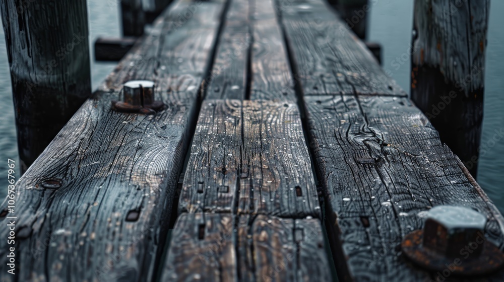 Detailed view of a weathered wooden pier with rich textures and natural wear Detailed view of a weathered wooden pier with rich textures and natural wear