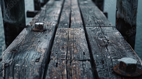 Detailed view of a weathered wooden pier with rich textures and natural wear