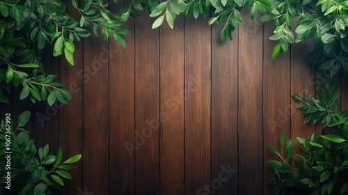 Explore the beauty of nature with lush greenery framing a rustic wooden background photo