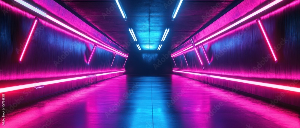 A futuristic hallway illuminated by vibrant pink and blue neon lights. A futuristic hallway illuminated by vibrant pink and blue neon lights.