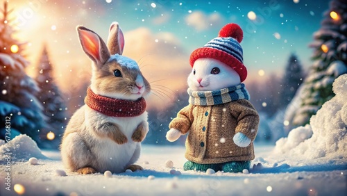 In a magical winter wonderland, an adorable bunny in cozy winter clothes frolics with a snowman, surrounded by beautiful snowflakes falling around them. photo