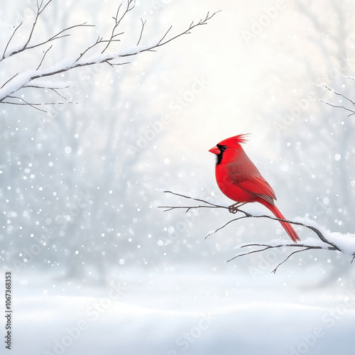 vibrant red cardinal perches on snow covered branches, surrounded by serene winter landscape with softly falling snowflakes. scene captures peaceful beauty of nature in winter