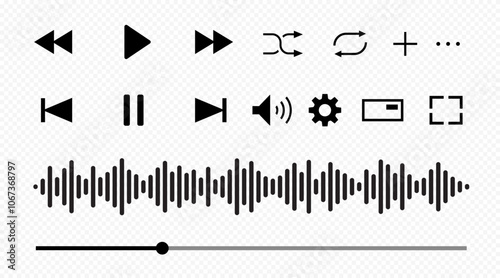 Video play bar icon set isolated on transparent background. Button play or pause and timelime. Audio player for songs, podcast playlist. Light theme. Vector