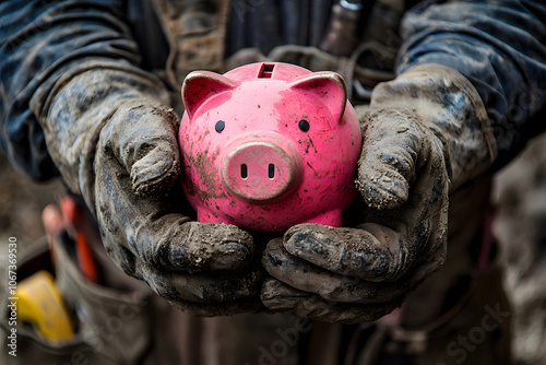 Dirty hands of worker holding a pink piggy bank, symbolizing savings and financial effort. photo