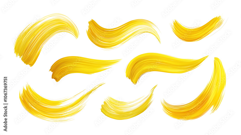 Collection of yellow brush strokes in various shapes and textures, each stroke isolated on a white background, showcasing smooth and rough textures with dynamic, artistic motion captured in vibrant ye Collection of yellow brush strokes in various shapes and textures, each stroke isolated on a white background, showcasing smooth and rough textures with dynamic, artistic motion captured in vibrant ye