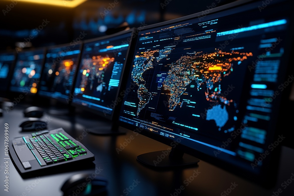 Cybersecurity operation center with layered data on multiple screens, highlighting the global nature of cyber intelligence Cybersecurity operation center with layered data on multiple screens, highlighting the global nature of cyber intelligence