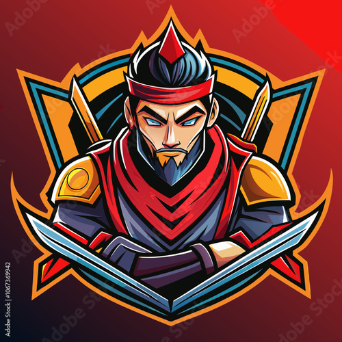 A striking esports logo featuring a dynamic swordsman in a vibrant design, showcasing skill and strength during competitive gaming