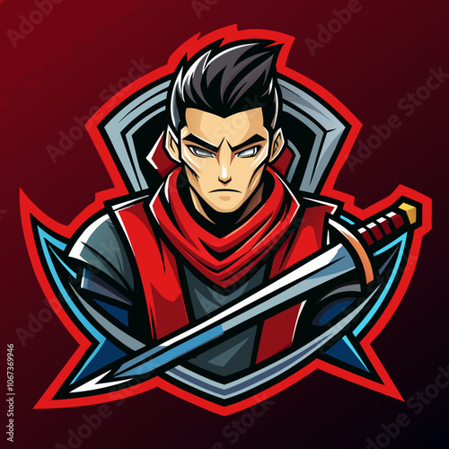 An esports logo featuring a fierce swordsman with a striking red and black design, ready for competitive gaming