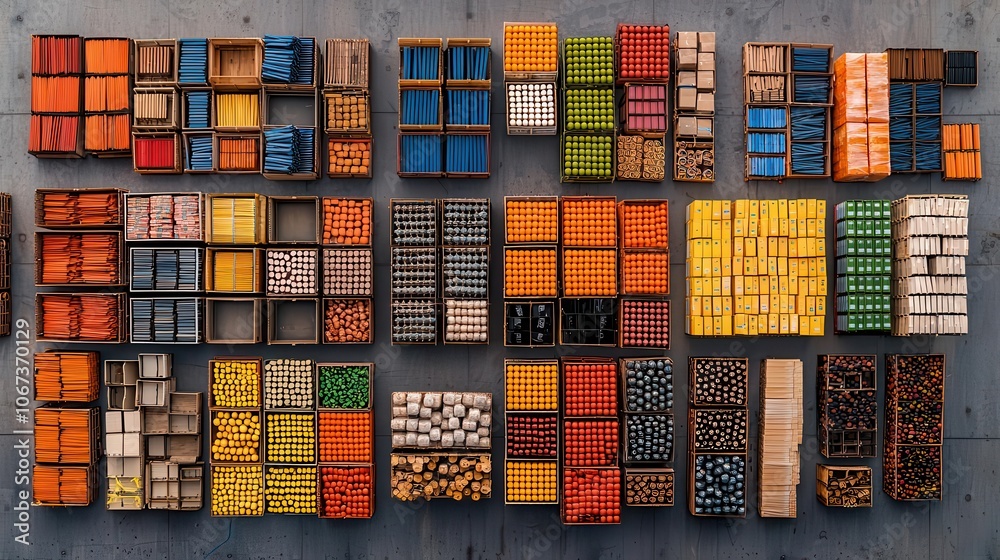 Fototapeta premium Overhead shot of pallets with categorized goods, warehouse floor, organized and efficient stock management