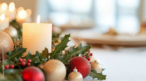 A close-up of a table centerpiece with candles, ornaments, and holly, bringing warmth and cheer to a holiday gathering photo