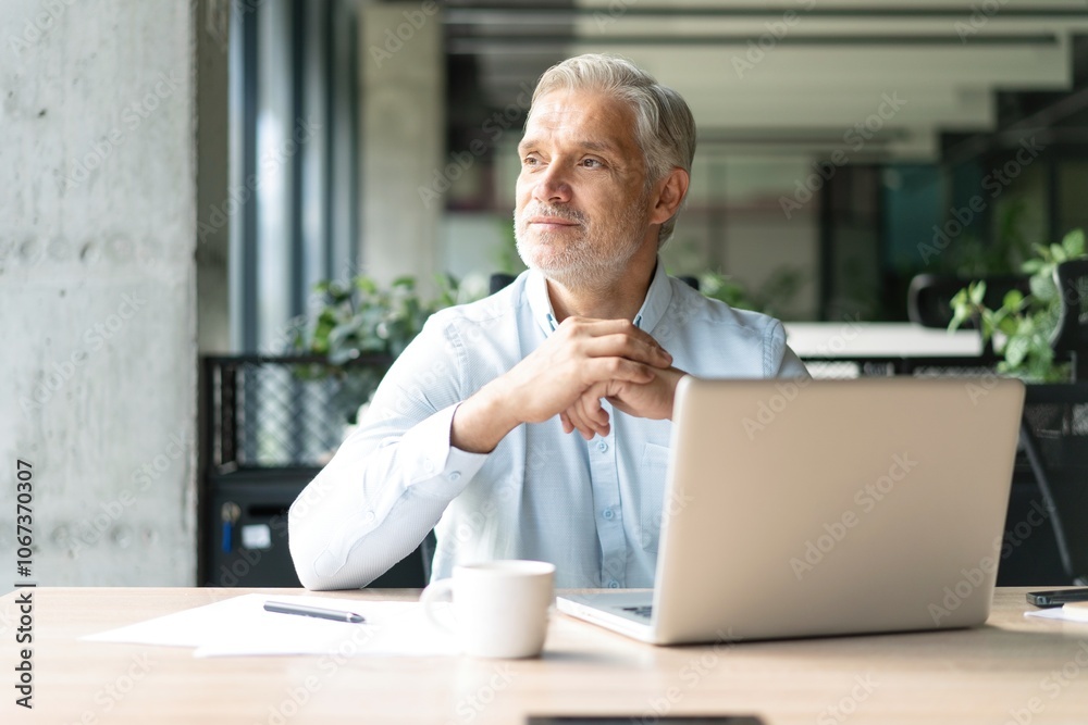 Happy mature European business man ceo trader using computer, typing, working in modern office Happy mature European business man ceo trader using computer, typing, working in modern office
