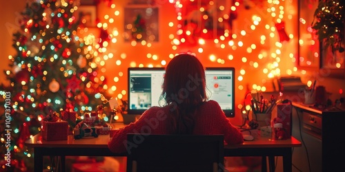 A woman shops online for holiday gifts at her home office desk, with festive lights adorning the walls and a Christmas tree in the corner. photo