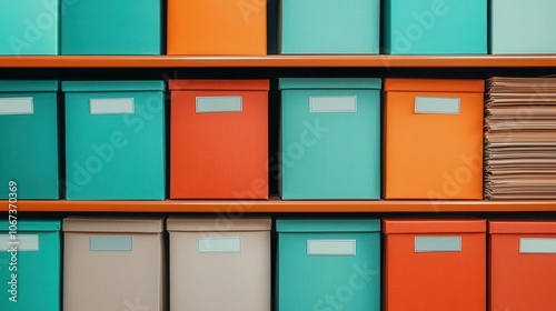 Stacks of differentsized boxes with labels, neatly arranged, organized shelves, planning for easy access and distribution photo