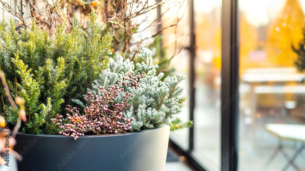 Green potted plants with frosted branches and berries by a window, with warm colors and blurred outdoor background, creating a cozy seasonal atmosphere Green potted plants with frosted branches and berries by a window, with warm colors and blurred outdoor background, creating a cozy seasonal atmosphere