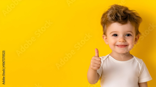 a toddler giving a thumbs up on yellow background