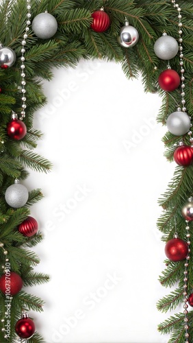 Wide arch shaped Christmas border isolated on white, composed of fresh fir branches and ornaments in red and silver photo