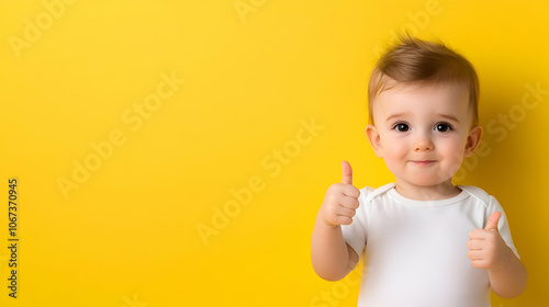 a toddler giving a thumbs up on yellow background