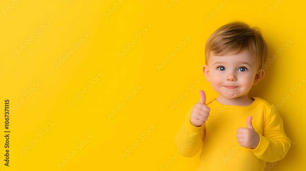 a toddler giving a thumbs up on yellow background a toddler giving a thumbs up on yellow background