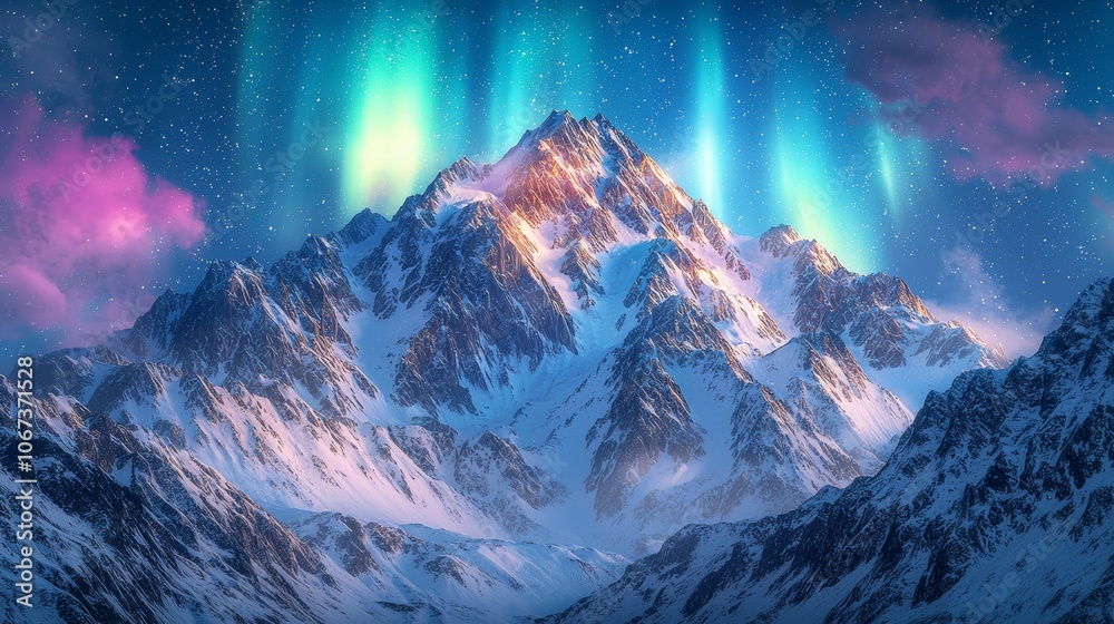 Obraz premium Majestic peaks illuminate under northern lights a stunning display of nature's beauty