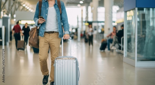 Trendy traveler with luggage and smartphone in modern airport terminal photo