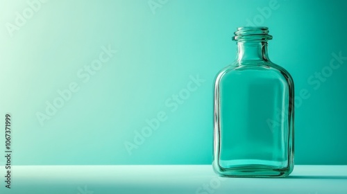 Empty Glass Bottle on Blue Background.