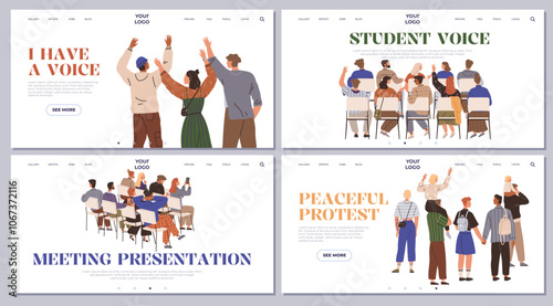 Group of students and friends raising hands and protesting peacefully in four sections. Ideal for social movements, student activism, educational discussions, peaceful protests, community gatherings