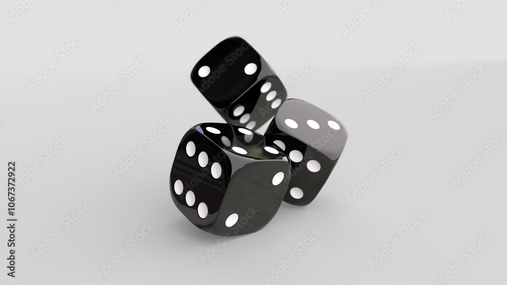 Vue rapprochée de trois dés à jouer noir, rendu 3d avec de la profondeur de champ sur fond blanc Vue rapprochée de trois dés à jouer noir, rendu 3d avec de la profondeur de champ sur fond blanc