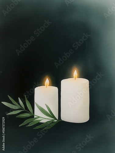 Two softly lit candles with green leaf create serene holiday scene against dark background, evoking warmth and tranquility