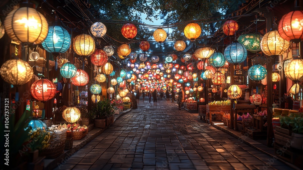 Obraz premium Explore the enchanting pathways of a lantern-lit market at dusk capturing the essence of cultural vibrancy