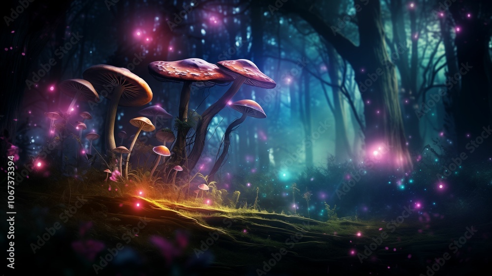 Obraz premium Magical Glowing Mushrooms in Enchanted Forest with Fairy Lights