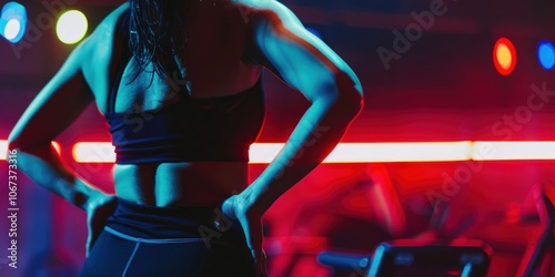 Female waist in sport bar back view woman sweating person. photo