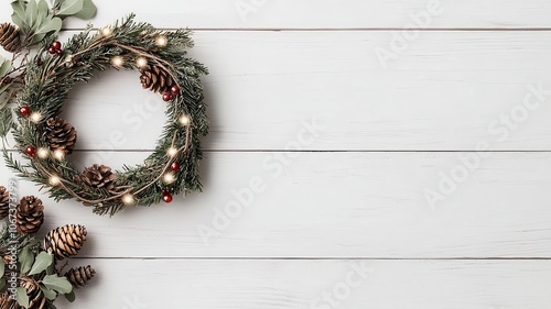 A festive wreath adorned with pinecones and lights, placed on a white wooden surface, conveying a warm holiday spirit. photo