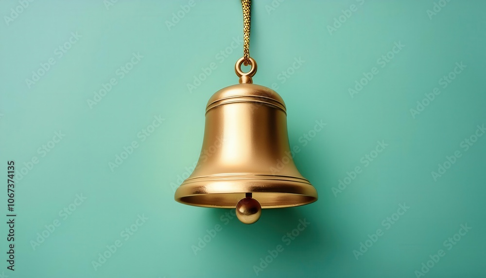 Obraz premium Golden Bell on Teal Background. Minimalist Isolated Brass Bell Symbolizing Notification, Alert, or Ringing Sound; Ideal for Web or App Use in Notification Icons, Announcements, or Alerts