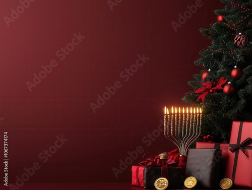 A festive scene featuring a decorated Christmas tree, gifts, and a menorah, blending Christmas and Hanukkah elements in a warm, cozy atmosphere. photo