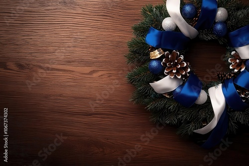 A beautiful Christmas wreath adorned with blue ribbons, ornaments, and pine cones, resting on a wooden surface. photo