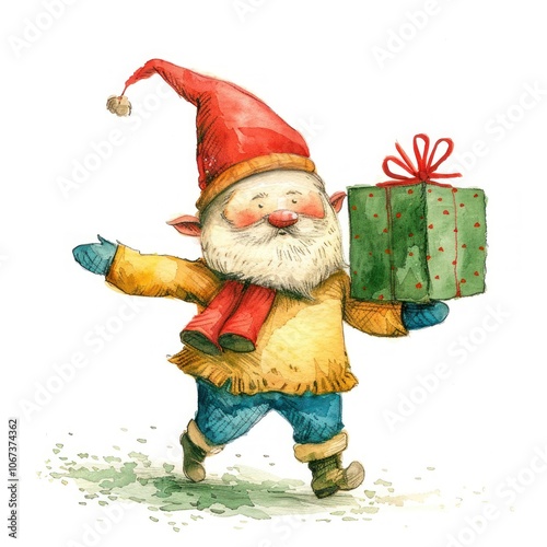 A Christmas knome carry a present illustration watercolor christmas. photo