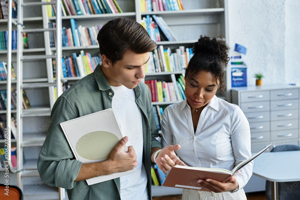 A dedicated teacher shares knowledge with a young student in a vibrant library, encouraging growth. A dedicated teacher shares knowledge with a young student in a vibrant library, encouraging growth.