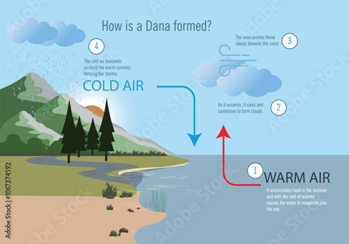 Infographic of the formation process of a DANA.An explanatory infographic on the formation process of a DANA, detailing how cold and warm air currents interact to generate storms.