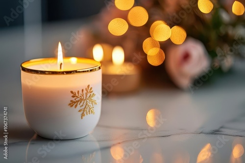 A serene candle glows warmly against a blurred background of lights and flowers, creating a cozy and inviting atmosphere. photo